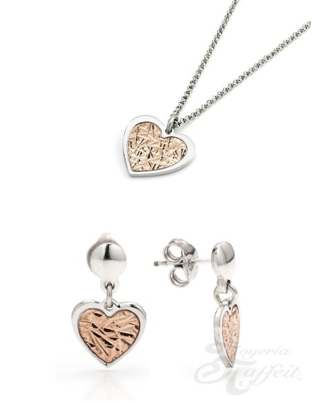 Conjunto Plata, Pendientes y Colgante Corazón Bicolor, JU2781