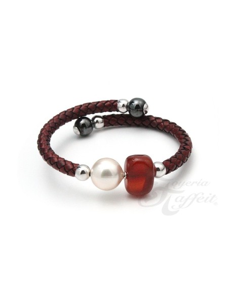 Pulsera Señora Perlas Orquidea, Piel Cornalina, 46199