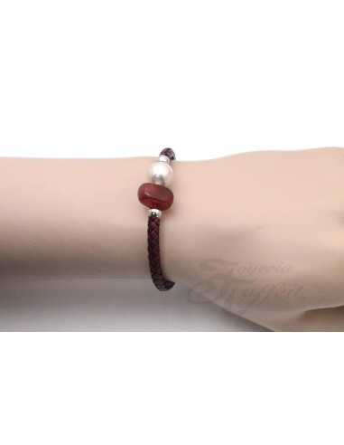 Pulsera Señora Perlas Orquidea, Piel Cornalina, 46199