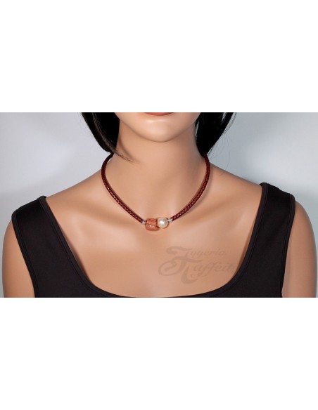 Collar Señora Perlas Orquidea,  Piel Cornalina, 46183