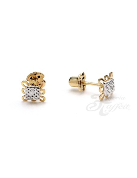 Pendientes Oro Bicolor Niña o Bebé, Cuadrado, AKR1248