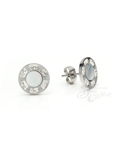 Pendientes de Acero, Circular Blanco Cristal, 7642