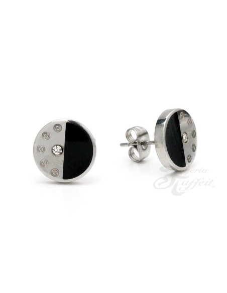 Pendientes de Acero, Circular Negro Cristal, 7628
