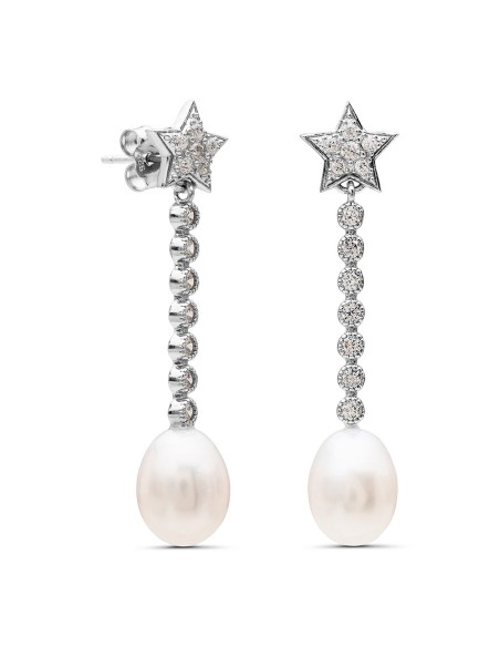 Pendientes Largos Estrella y Perla Ovalada en Plata