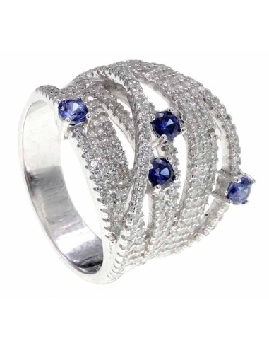 Anillo LineArgent Circonitas y Cristales Azules Plata