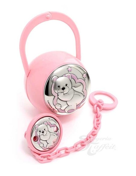 Set de Pinza y Porta Chupetes Osito Rosa de Plata Laminada