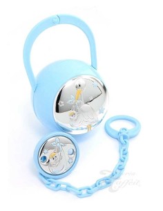Set con Pinza y Porta Chupetes Cigüeña Azul Plata Laminada