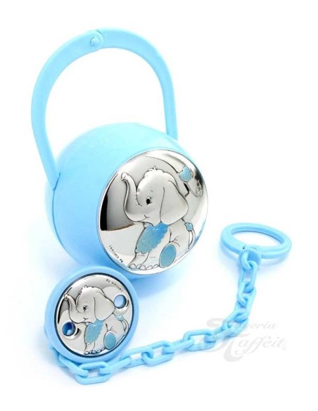 Set Elefante Azul Pinza y Porta Chupetes Plata Laminada