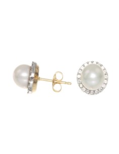 Pendientes Oro Señora Bicolor, Circonitas y Perlas, akr998