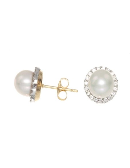 Pendientes Oro Señora Bicolor, Circonitas y Perlas, akr998