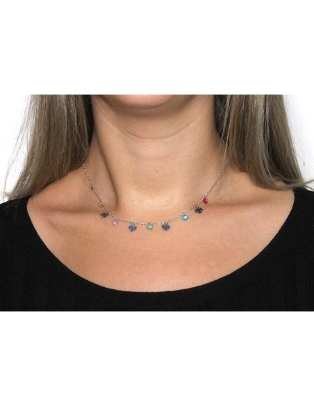 Collar Mini Trébol con Cristales de Colores en Plata