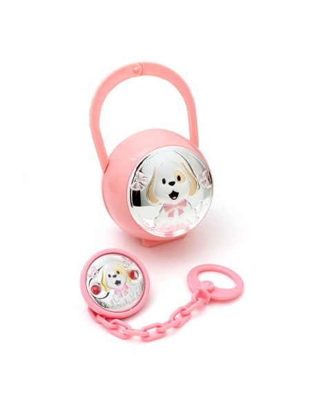 Set de Pinza y Porta Chupete Perrito Rosa Plata Laminada