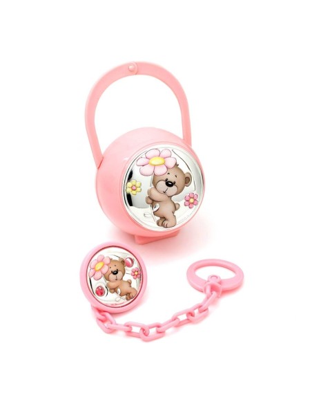 Set de Pinza y Porta Chupete con Osito Rosa de  Plata Laminada