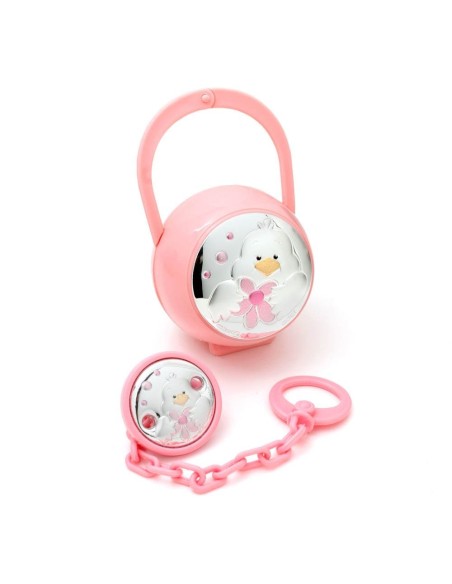 Set Pinza y Porta Chupete Patito Rosa Plata Laminada