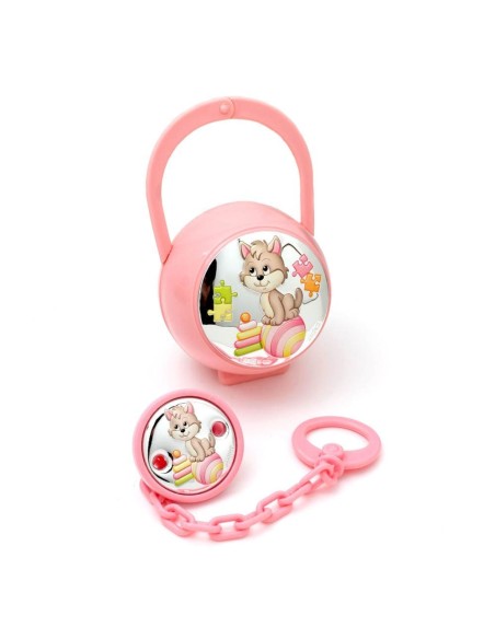 Set de Pinza y Porta Chupete Gatito Rosa Plata Laminada