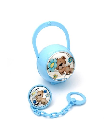 Set Osito Azul Pinza y Porta Chupetes Plata Laminada