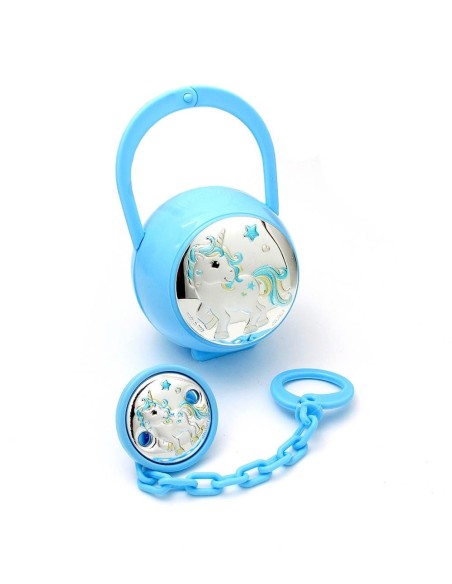 Set Unicornio Azul de Pinza y Porta Chupetes Plata Laminada