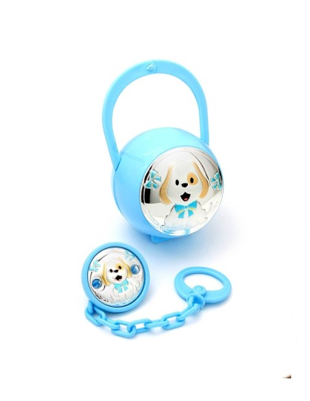 Set Perrito Azul con Pinza y Porta Chupetes de Plata Laminada