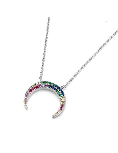 Colgante Luna Invertida Con Circonitas de Colores en Plata
