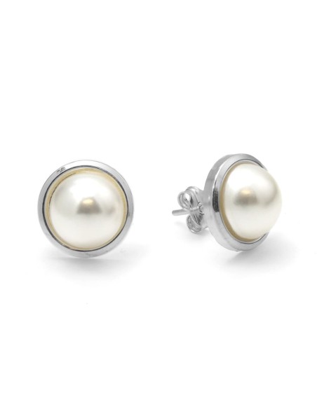 Pendientes Media Perla Con Borde De Plata De Primera Ley