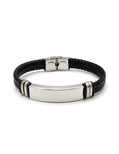 Pulsera Esclava de Cuero y Acero con Adorno para Hombre
