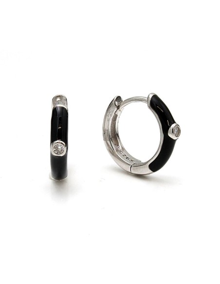 Aros Esmaltados En Negro Con Circonita De Plata Primera Ley