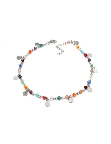 Tobillera Piedras de Colores y Chapitas, Plata de Ley