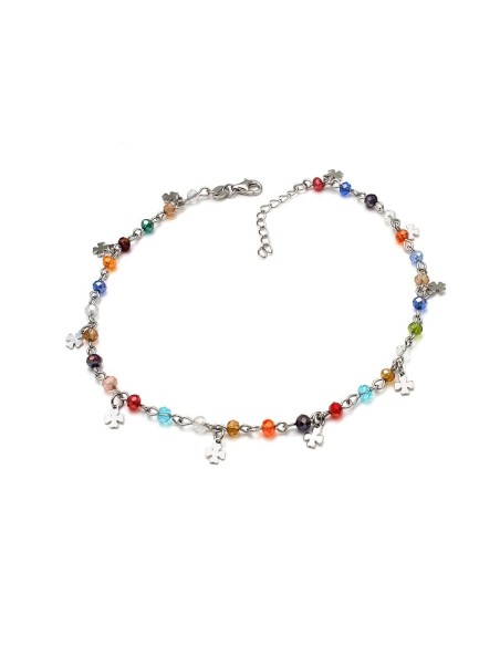 Tobillera Piedras de Colores y Treboles, Plata de Ley