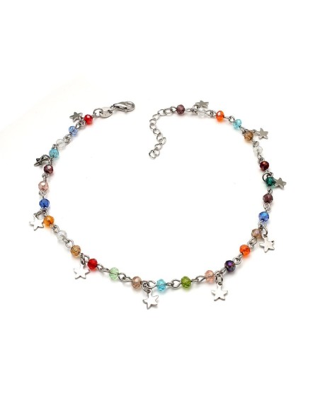 Tobillera Piedras de Colores y Estrellas, Plata de Ley