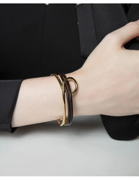 Brazalete De Acero Dorado Y Piel Negra Viceroy - Joyería Taffeit